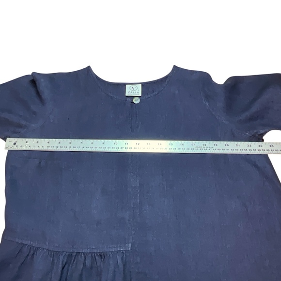 VALIA Made in Australia Navy 100% Linen Dress White Crochet Trim Sz L - Picture 6 of 9